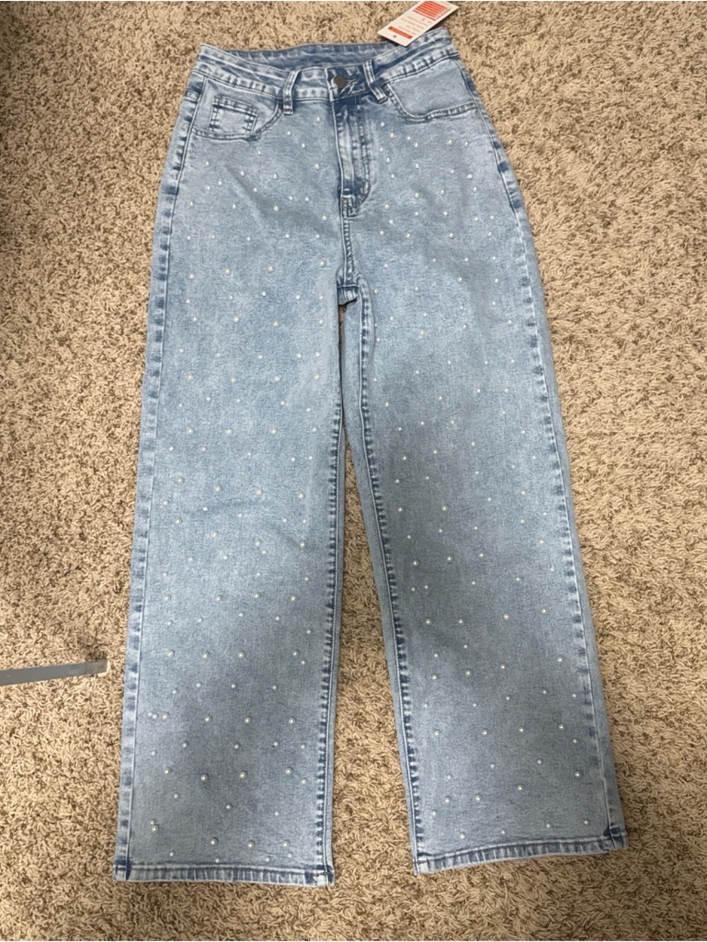 Light Blue Pearl-Embellished High-Rise Women's Jeans